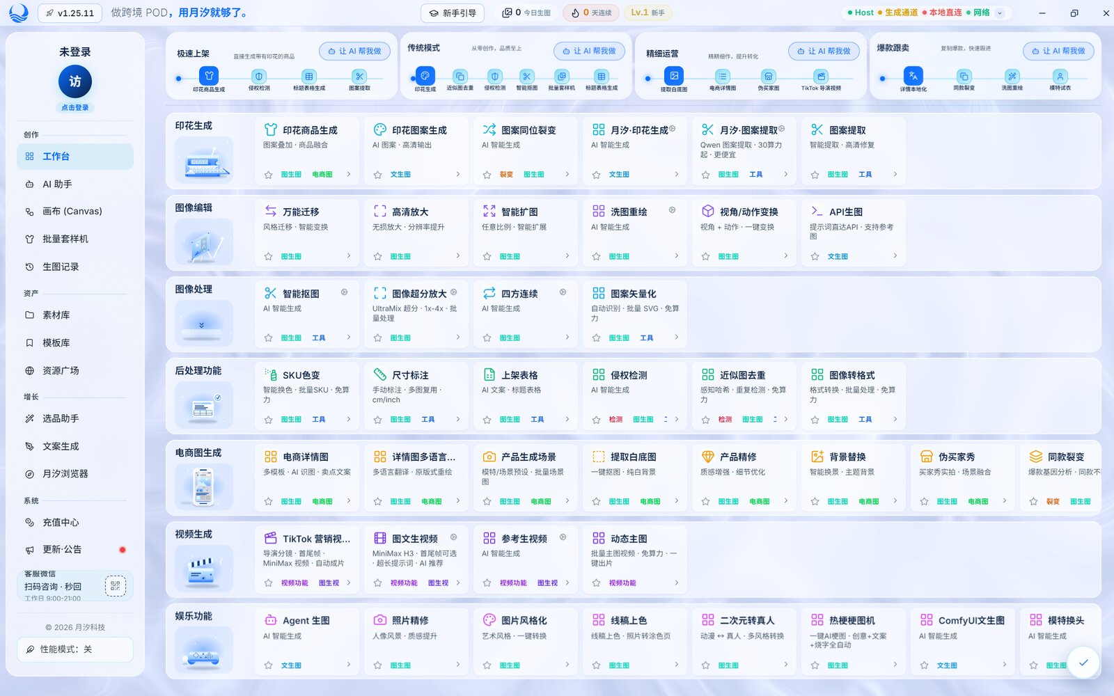 月汐工作台全景：按场景分组的 40+ AI 功能